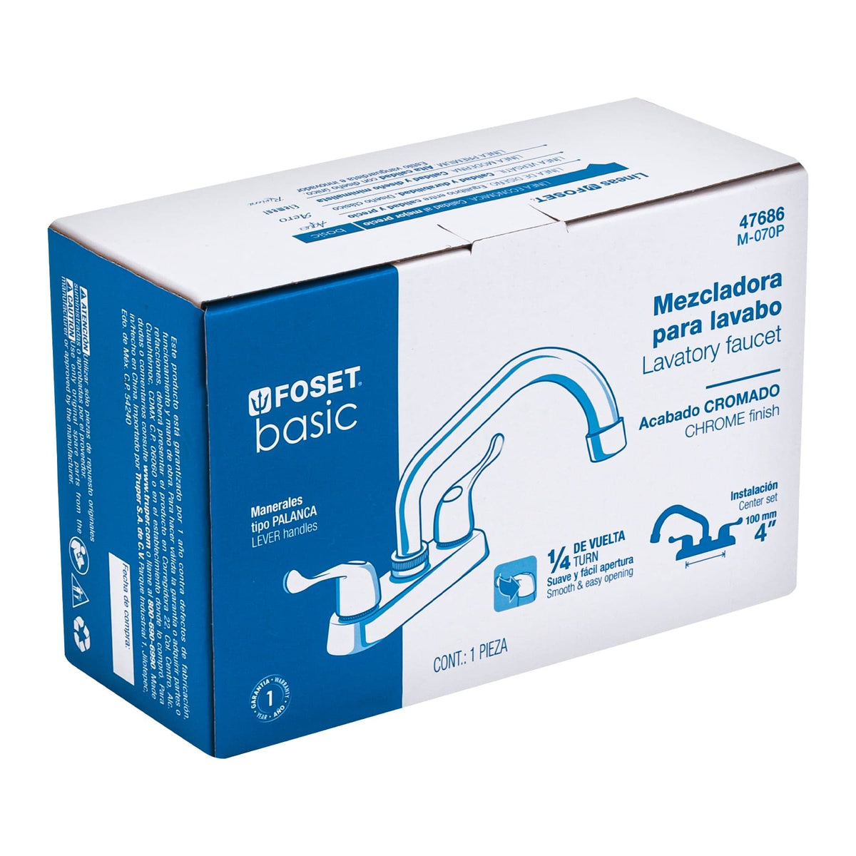 Mezcladora 4" para lavabo tubular manerales palanca
