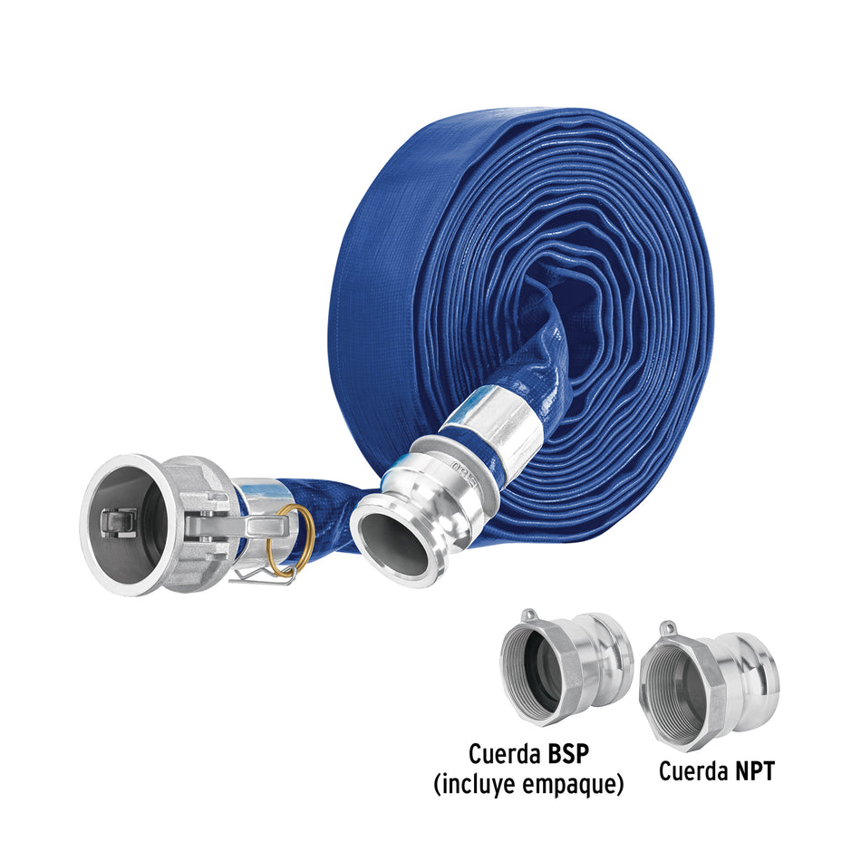 Rollo de manguera plana 1.5'x7.5m de descarga con conexiones