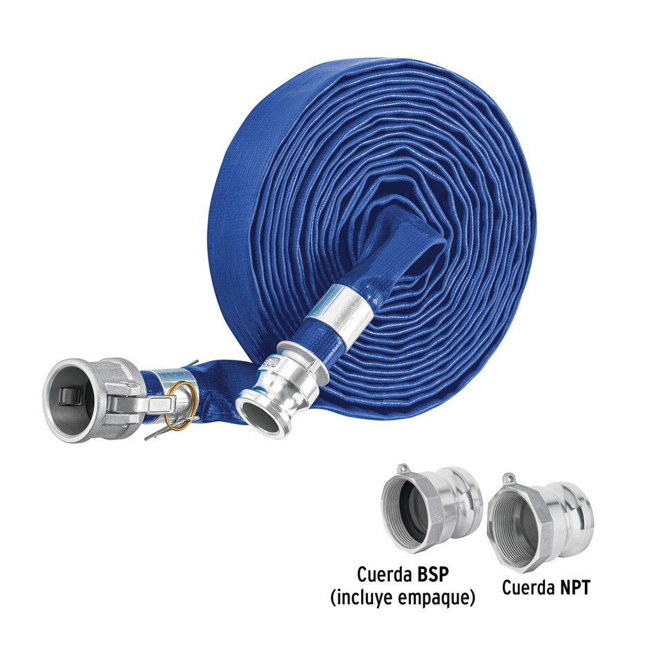 Rollo de manguera plana 1' x 7.5m de descarga con conexiones