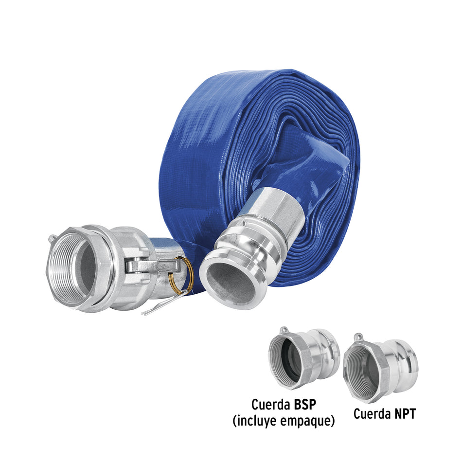 Rollo de manguera plana 2' x 7.5m de descarga con conexiones