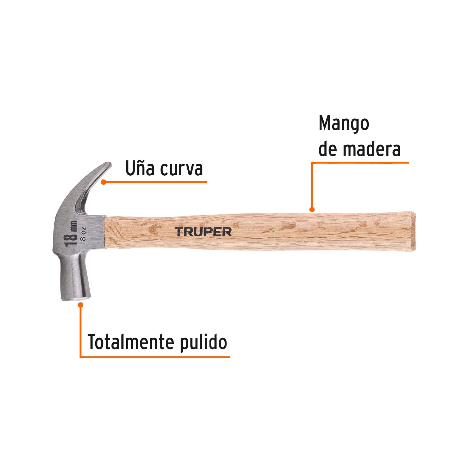 Martillo cabeza cónica 18 mm uña curva, mango madera, TRUPER 18 mm