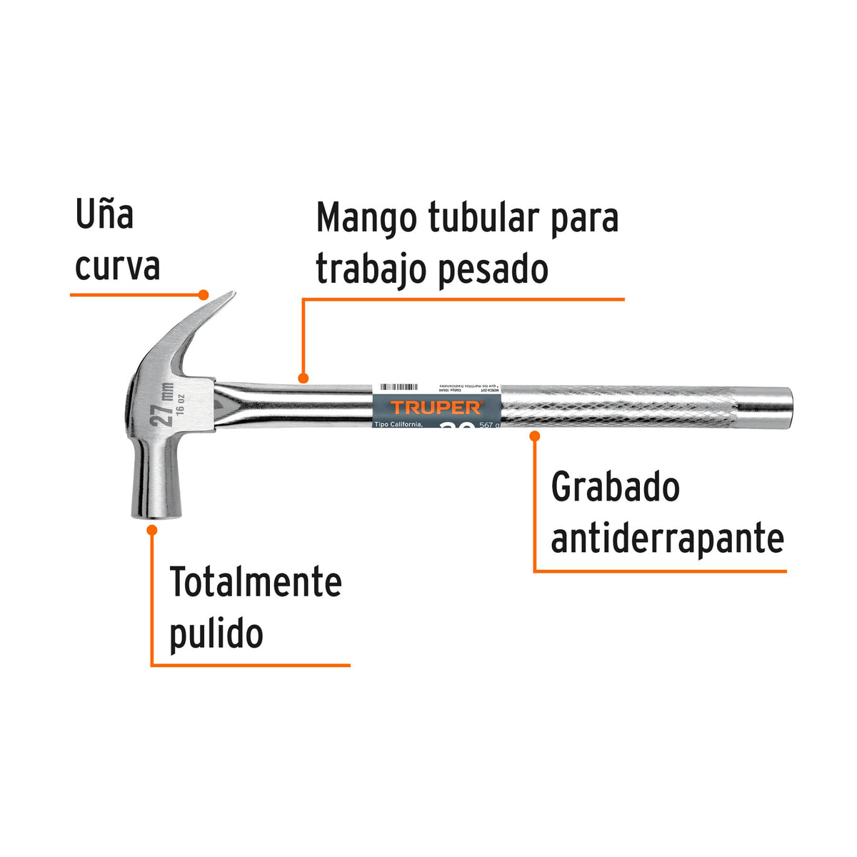 Martillo cabeza cónica 27 mm uña curva, mango tubular,TRUPER 27 mm