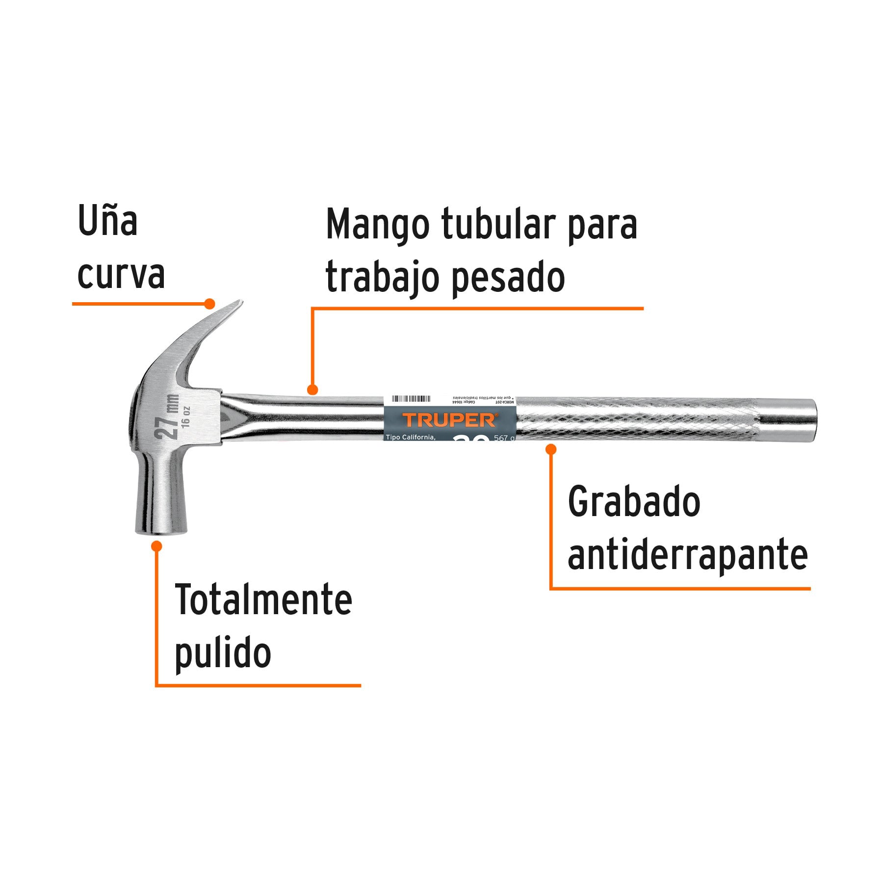 Martillo cabeza cónica 27 mm uña curva, mango tubular,TRUPER 27 mm