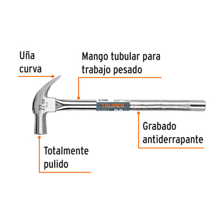 Martillo cabeza cónica 27 mm uña curva, mango tubular,TRUPER 27 mm