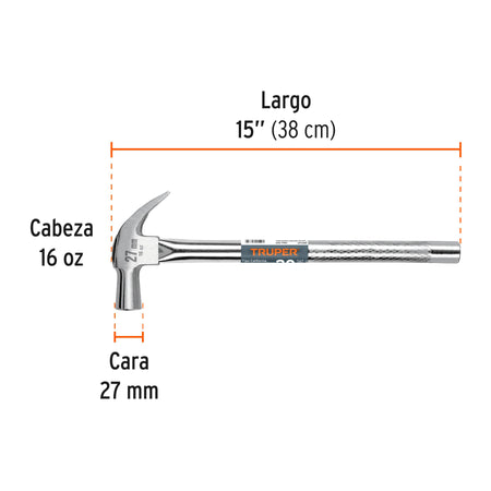 Martillo cabeza cónica 27 mm uña curva, mango tubular,TRUPER 27 mm