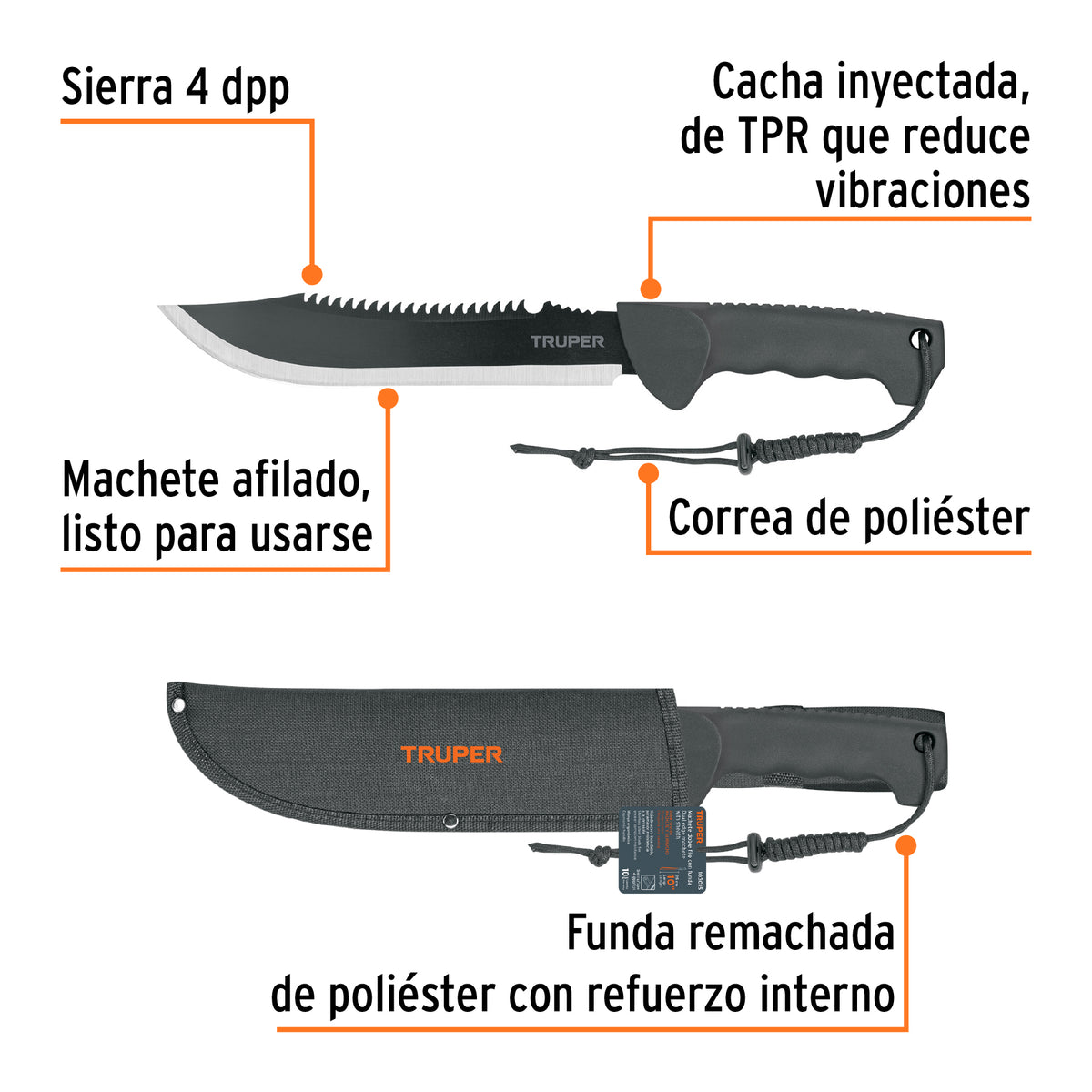 Machete doble filo cacha inyectada con funda TRUPER 10"
