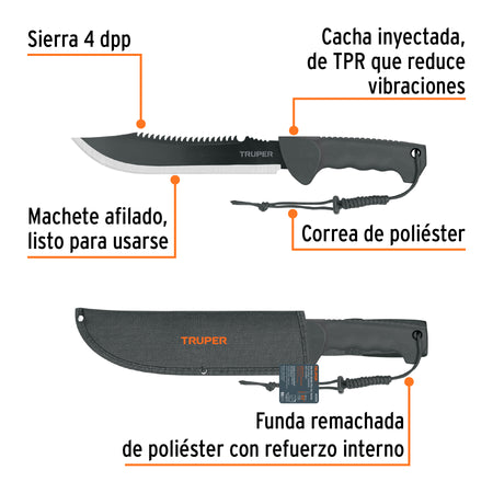 Machete doble filo cacha inyectada con funda TRUPER 10"