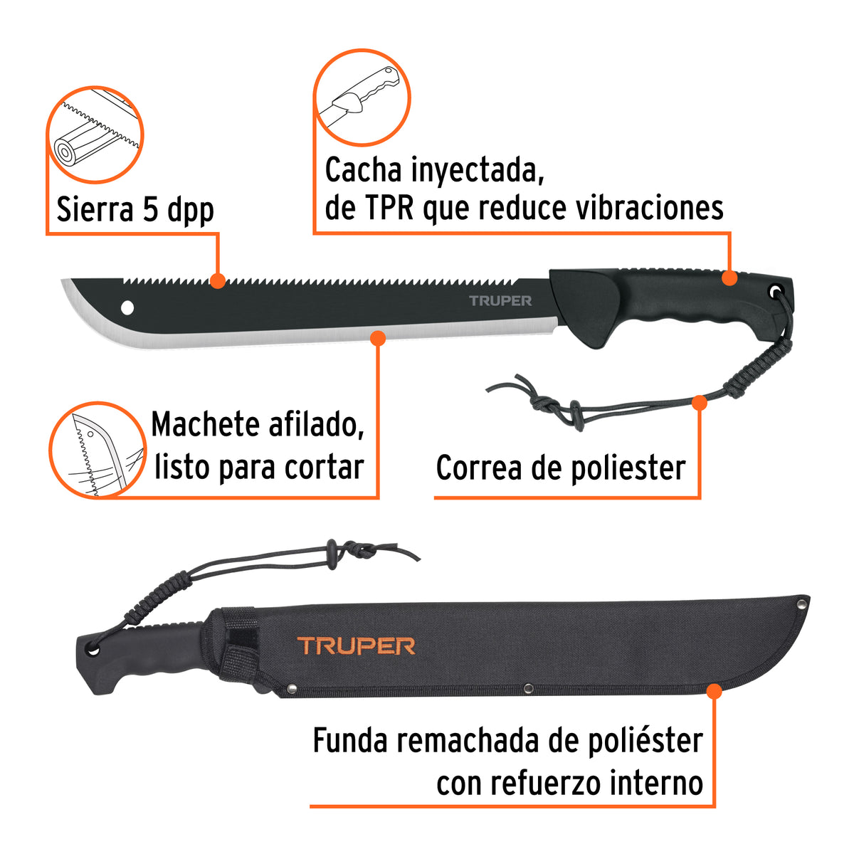 Machete doble filo 14', cacha inyectada, con funda, TRUPER
