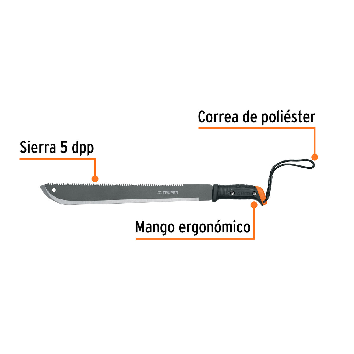 Machete doble filo 18', cacha atornillada, funda de cartón