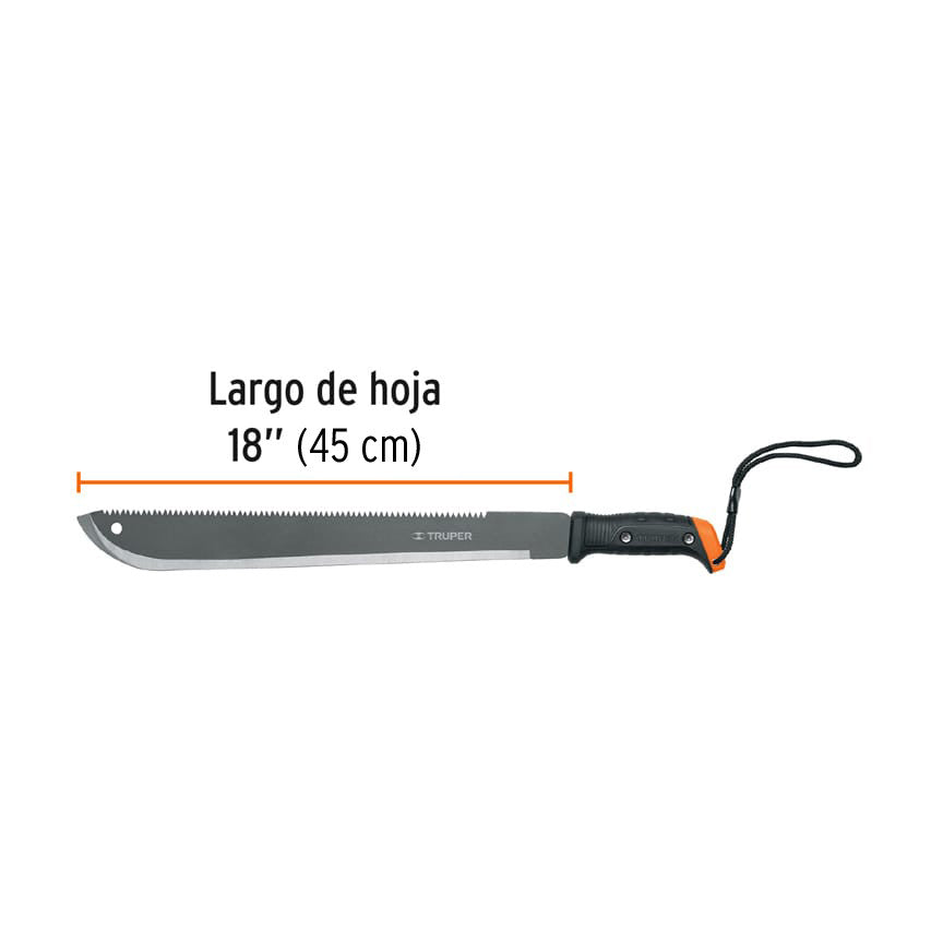 Machete doble filo 18', cacha atornillada, funda de cartón