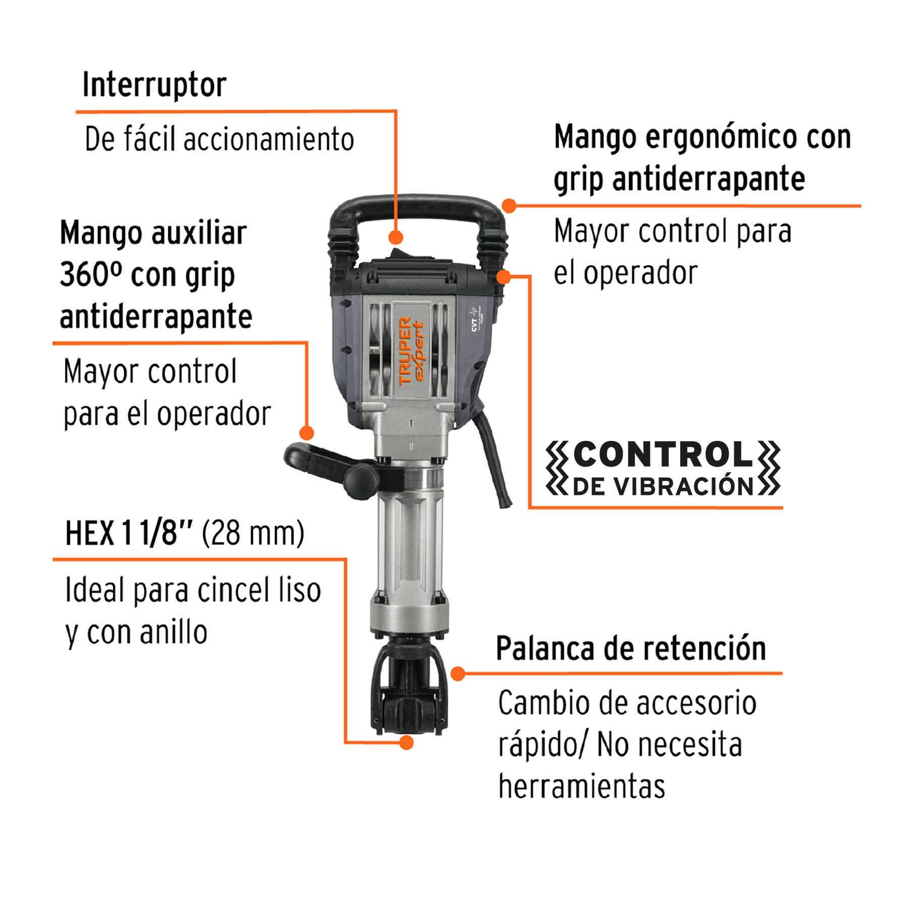 Martillo demoledor HEX 20 kg 55J 1600W TRUPER EXPERT