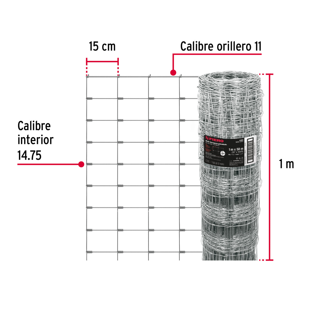 Rollo malla borreguera, 1m x 50m acero galvanizado, 23kg