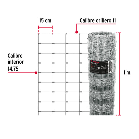 Rollo malla borreguera, 1m x 50m acero galvanizado, 23kg