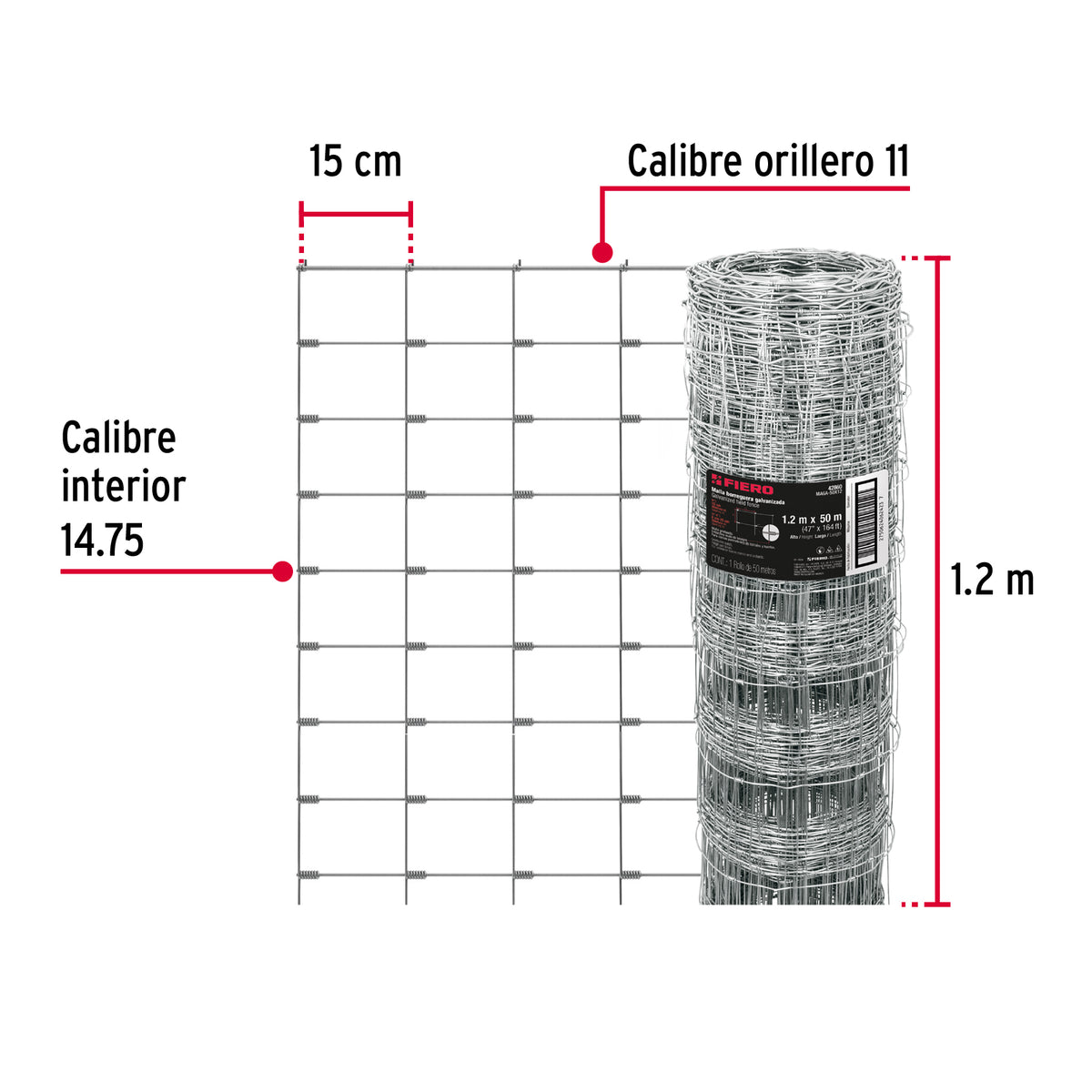 Rollo malla borreguera, 1.2m x 50m acero galvanizado, 26kg