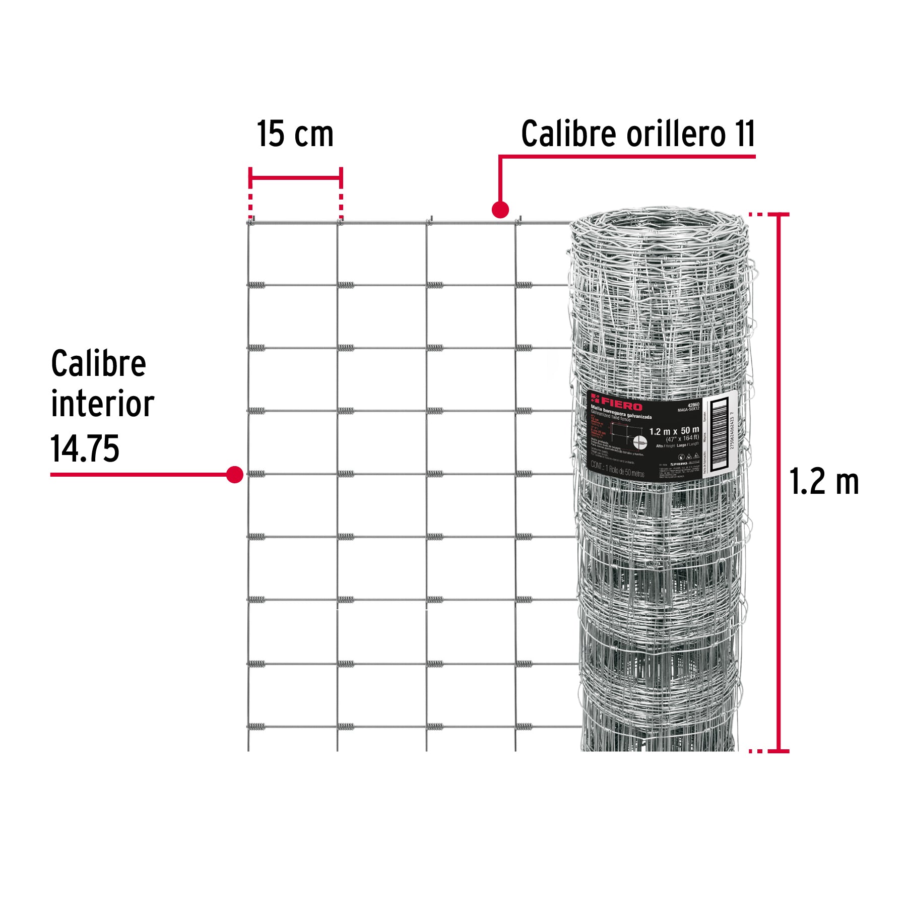 Rollo malla borreguera, 1.2m x 50m acero galvanizado, 26kg