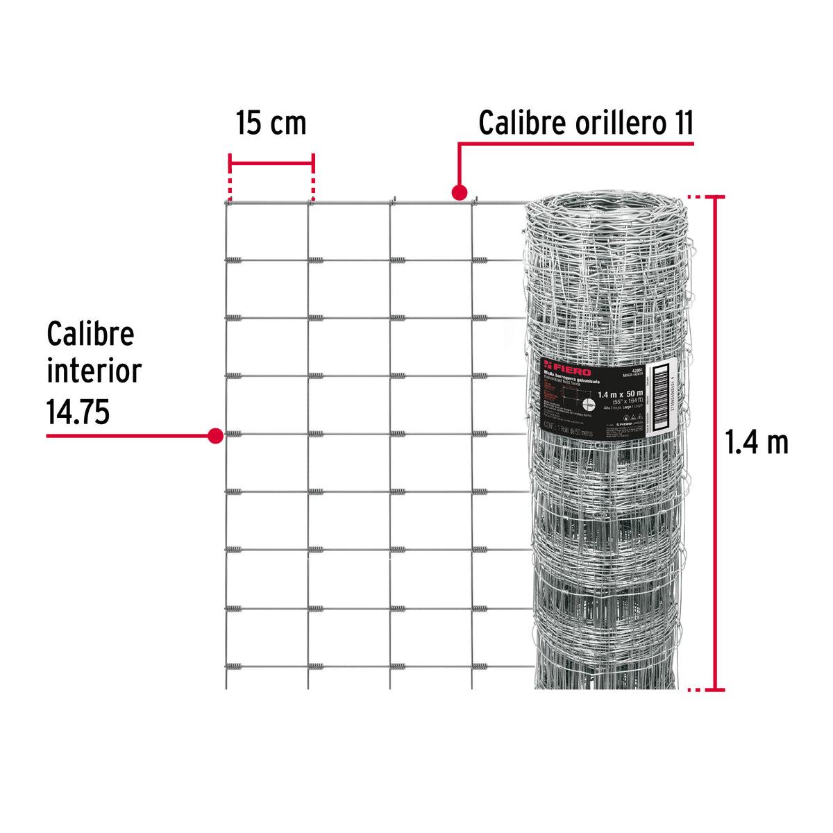 Rollo malla borreguera, 1.4m x 50m acero galvanizado, 28kg
