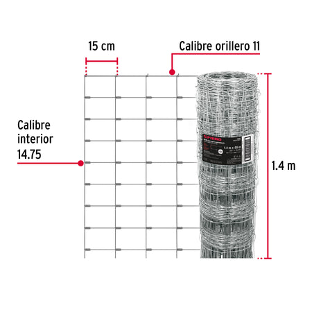 Rollo malla borreguera, 1.4m x 50m acero galvanizado, 28kg