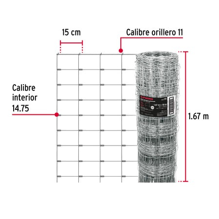 Rollo malla borreguera, 1.67m x 50m acero galvanizado, 31kg