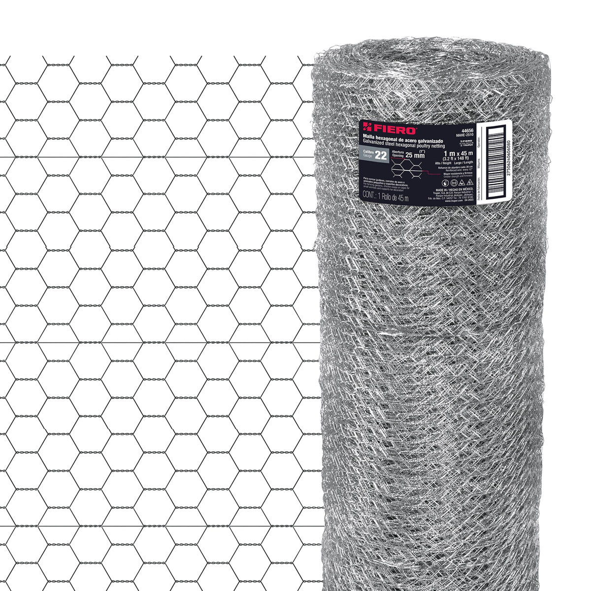 Rollo malla hexagonal cal.22, 1x 45m, abertura 25mm, 13kg