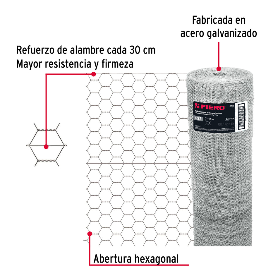 Rollo malla hexagonal cal.22, 1x 45m, abertura 25mm, 13kg