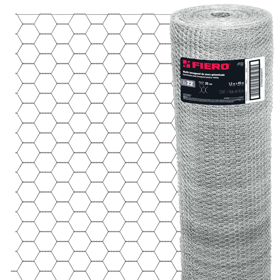 Rollo malla hexagonal cal.22, 1.2x 45m, abertura 25mm, 16kg