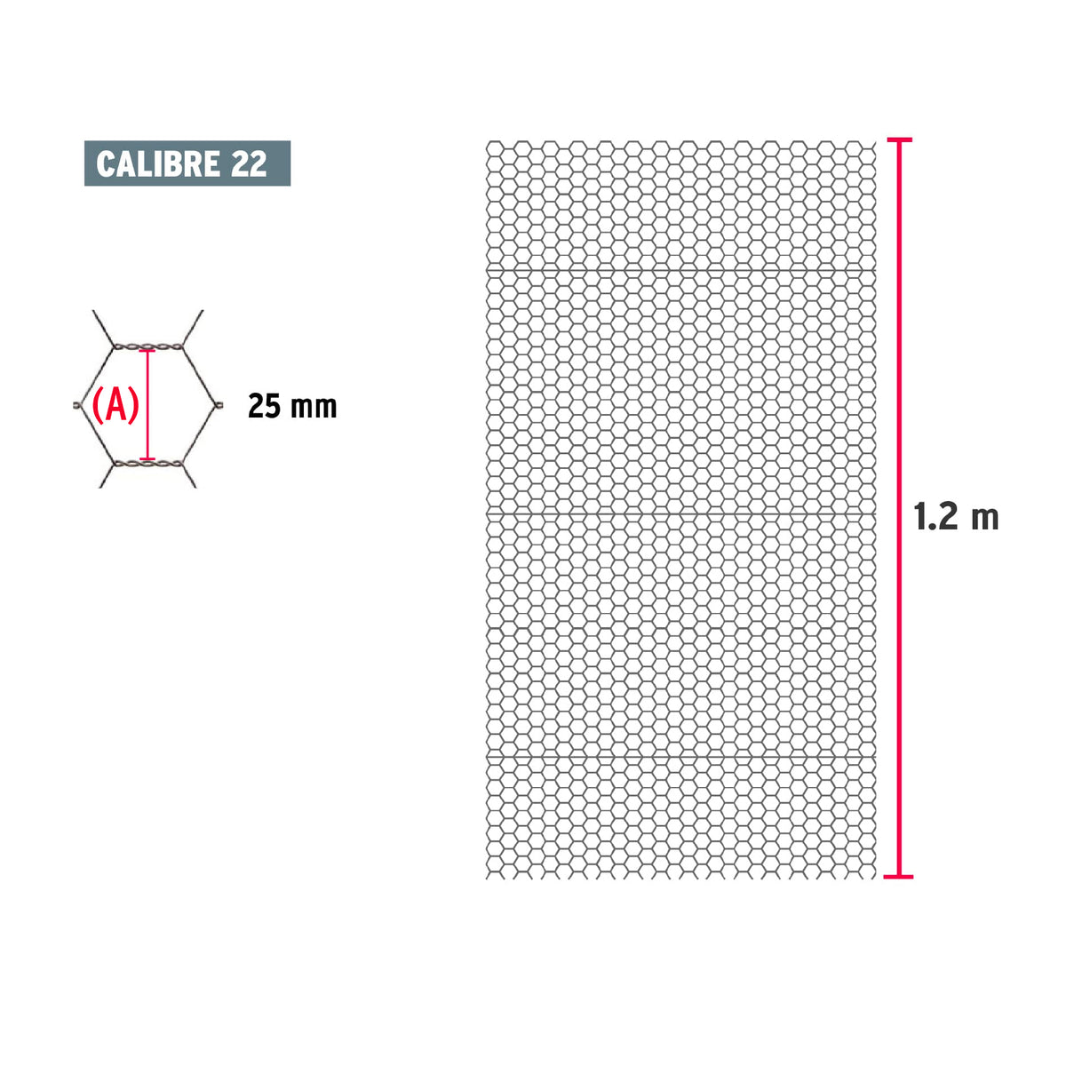 Rollo malla hexagonal cal.22, 1.2x 45m, abertura 25mm, 16kg