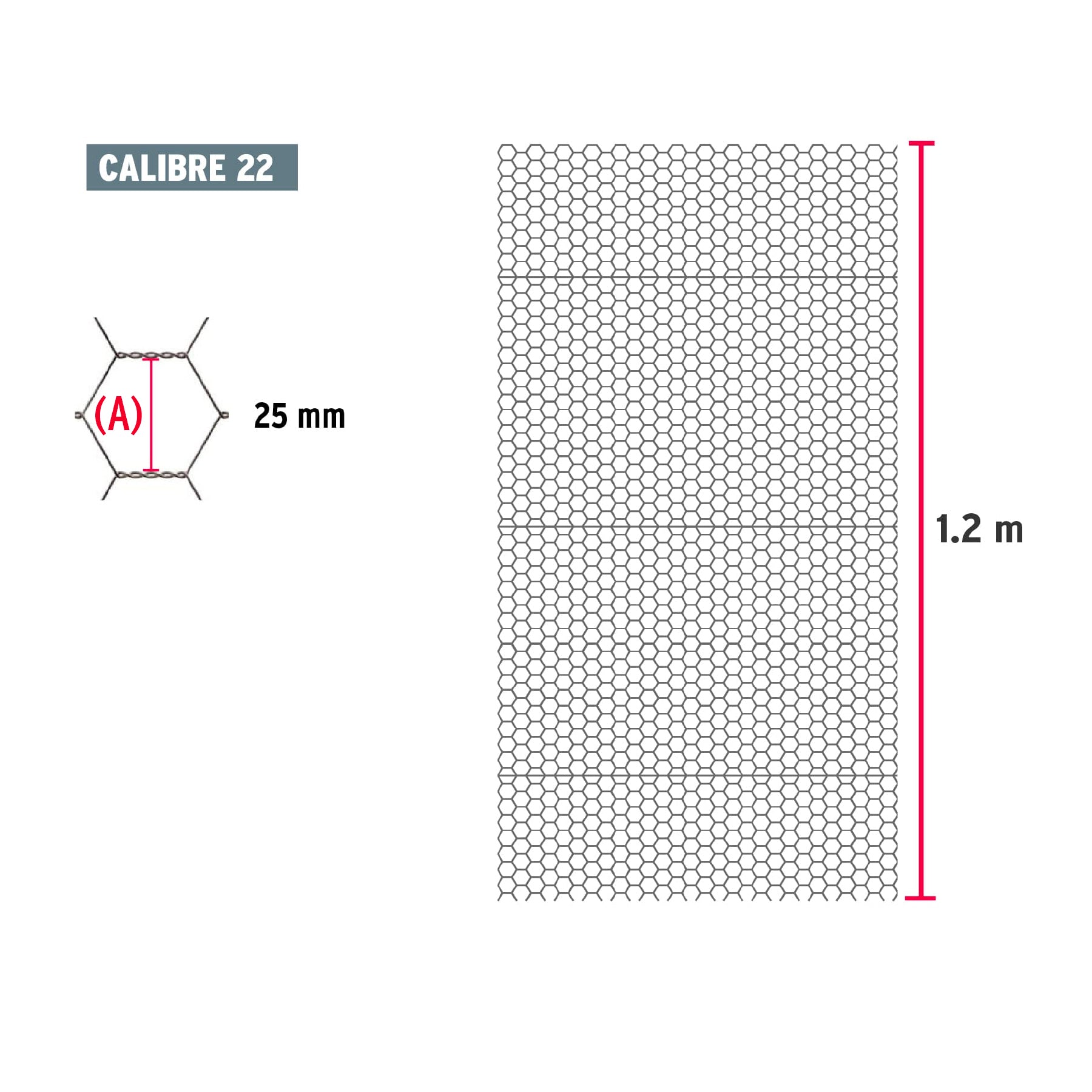 Rollo malla hexagonal cal.22, 1.2x 45m, abertura 25mm, 16kg