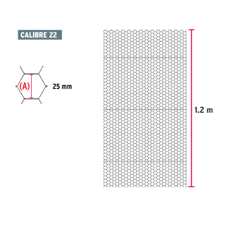 Rollo malla hexagonal cal.22, 1.2x 45m, abertura 25mm, 16kg