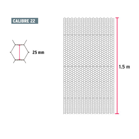 Rollo malla hexagonal cal.22, 1.5x 45m, abertura 25mm, 20kg
