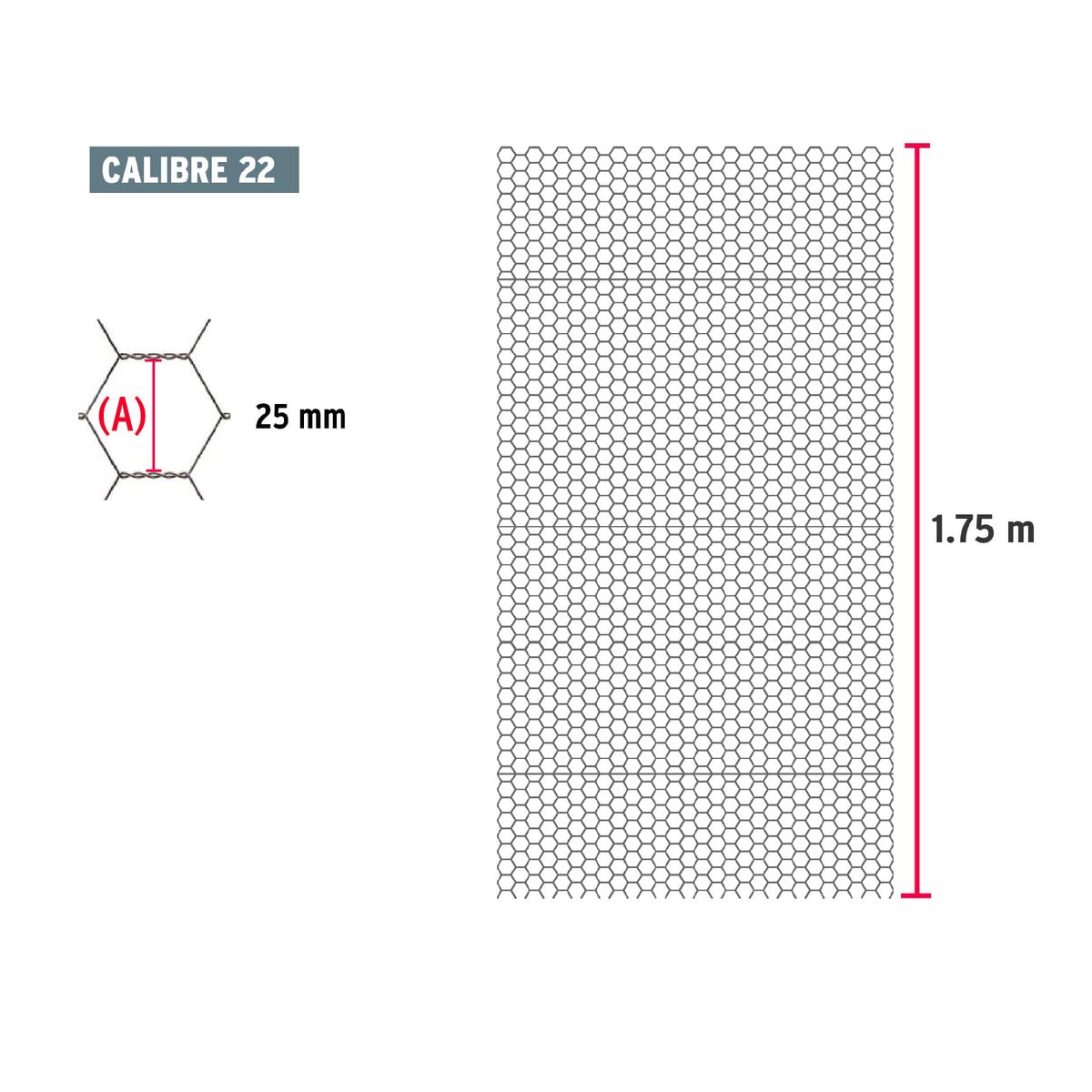 Rollo malla hexagonal cal.22, 1.75x 45m, abertura 25mm, 23kg