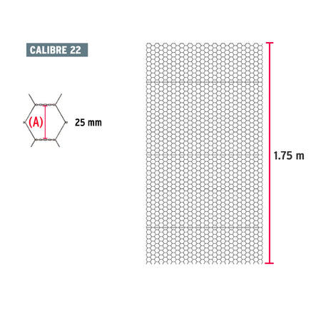 Rollo malla hexagonal cal.22, 1.75x 45m, abertura 25mm, 23kg