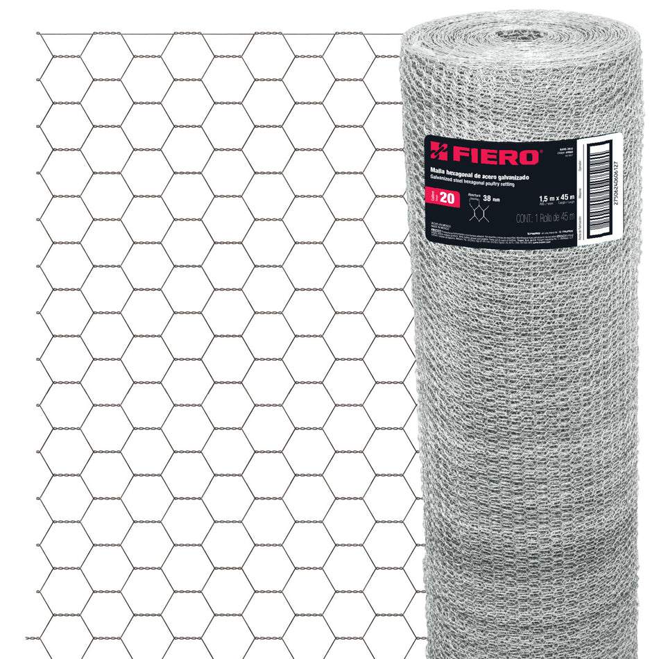 Rollo malla hexagonal cal.20, 1.5x 45m, abertura 38mm, 19kg
