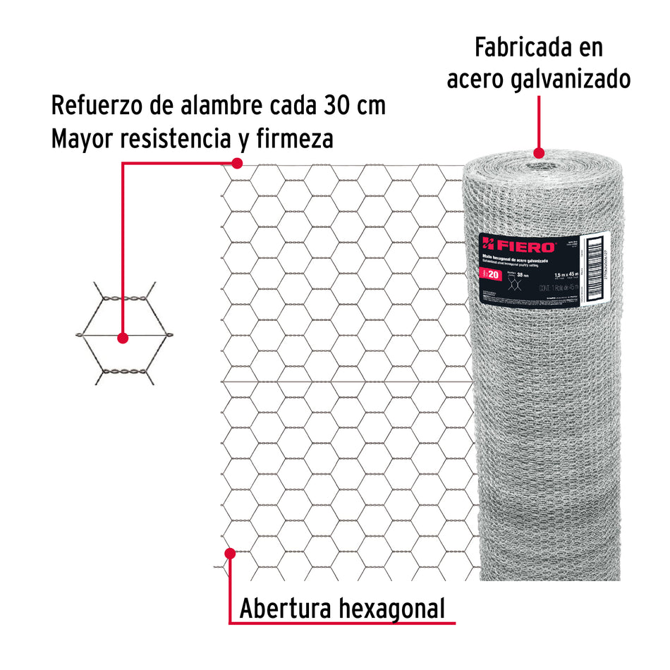 Rollo malla hexagonal cal.20, 1.5x 45m, abertura 38mm, 19kg