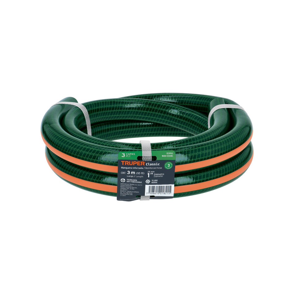Manguera de jardín 1', 3 capas, 3m, sin conexiones, TRUPER 1', 3m