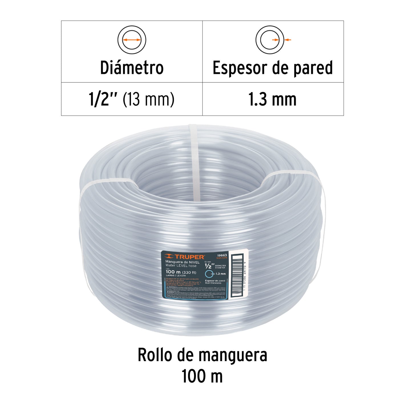 Metro de manguera 1/2' de nivel en rollo de 100 m, Truper 1/2', 100 m