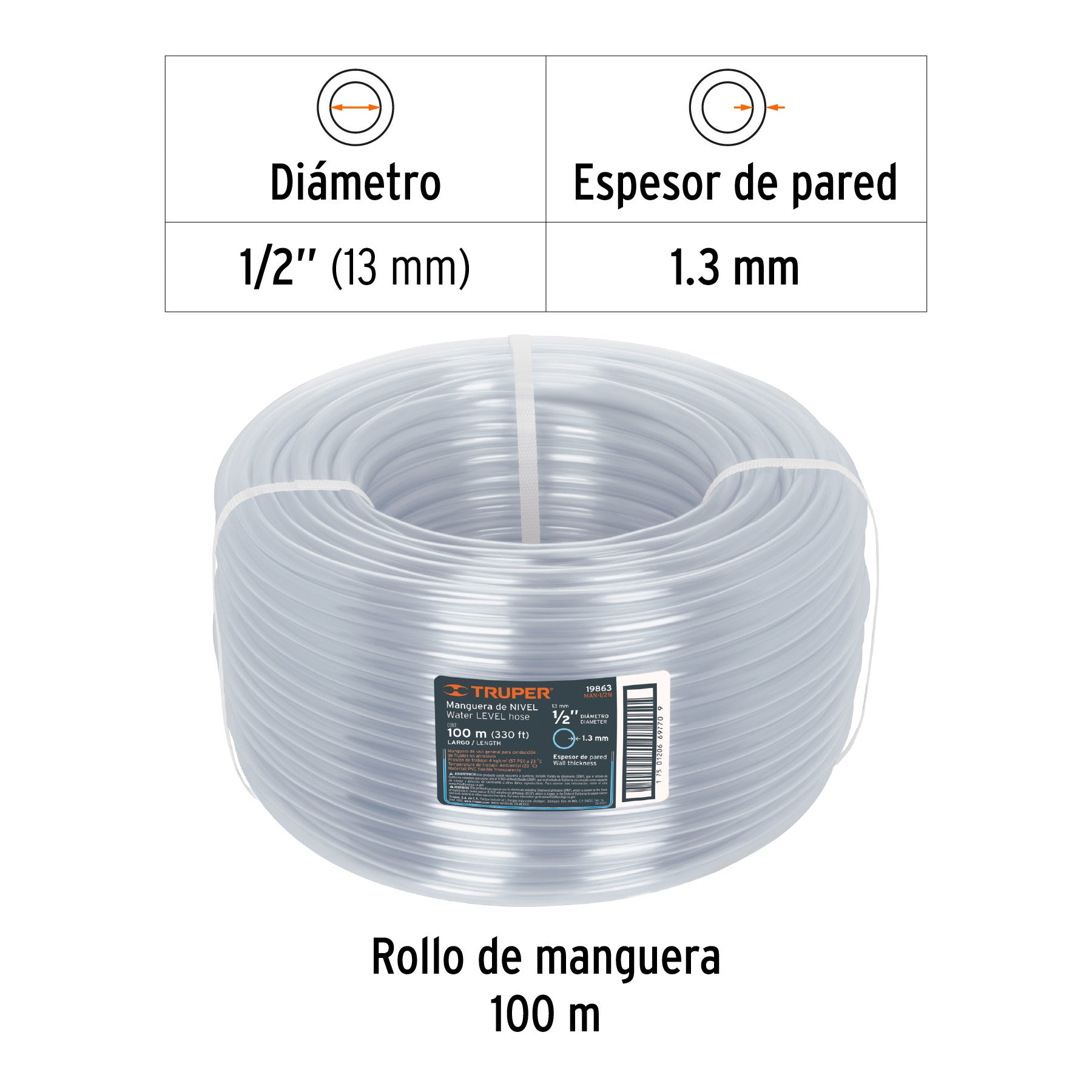 Metro de manguera 1/2' de nivel en rollo de 100 m, Truper 1/2', 100 m