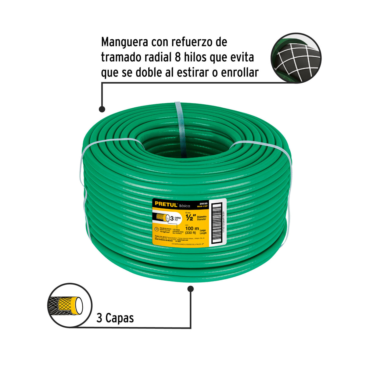 Metro de manguera 1/2' 3 capas en rollo de 100 m, Pretul 1/2', 100 m