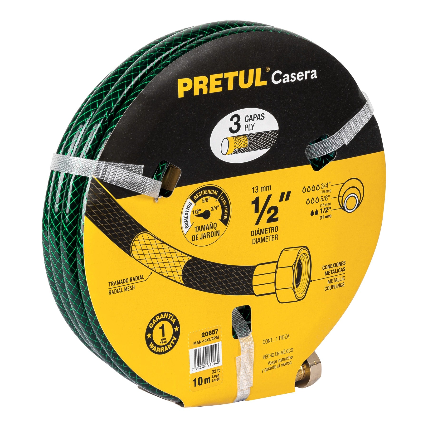 Manguera 1/2' reforzada 3 capas conexiones metal 10m, Pretul 1/2', 10m