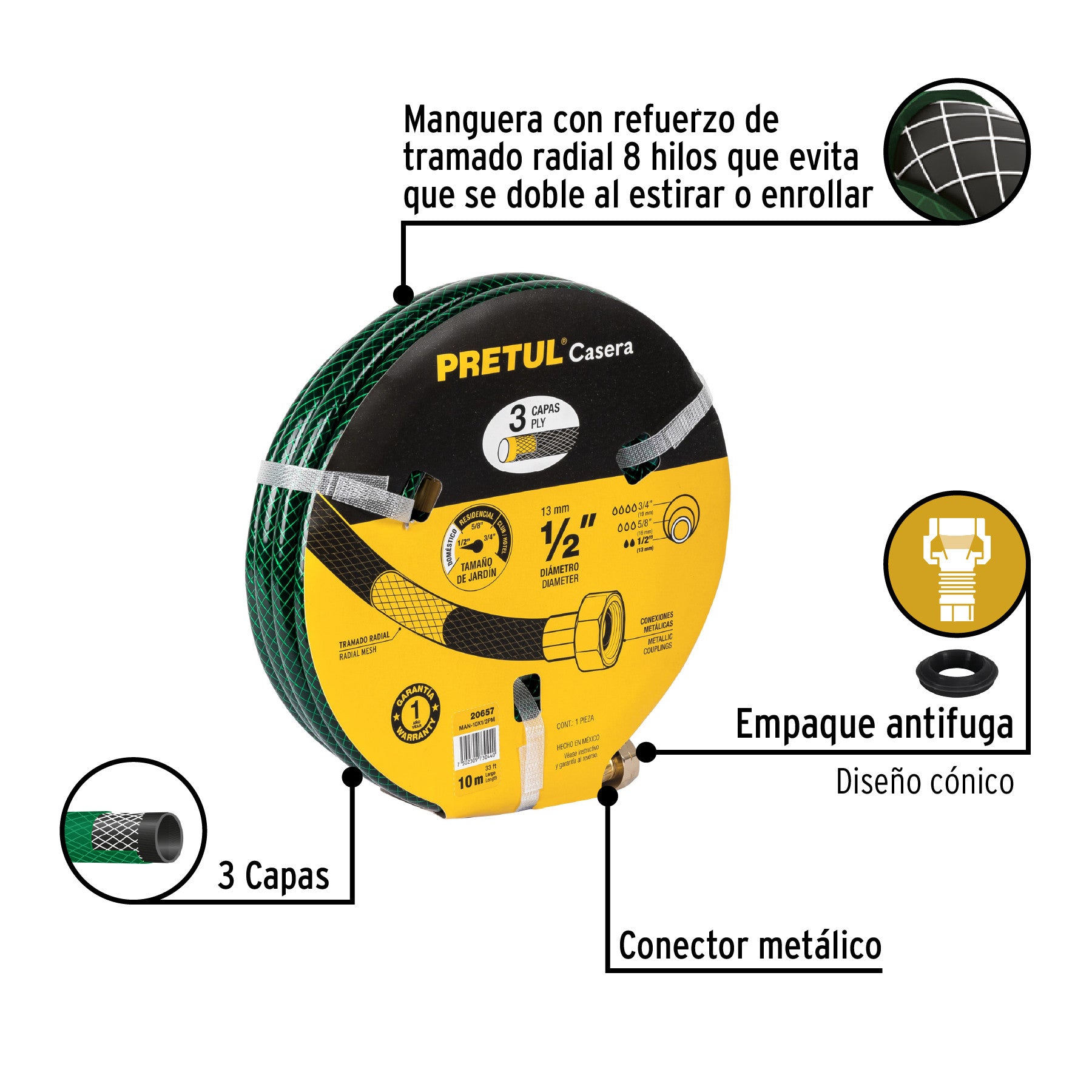 Manguera 1/2' reforzada 3 capas conexiones metal 10m, Pretul 1/2', 10m