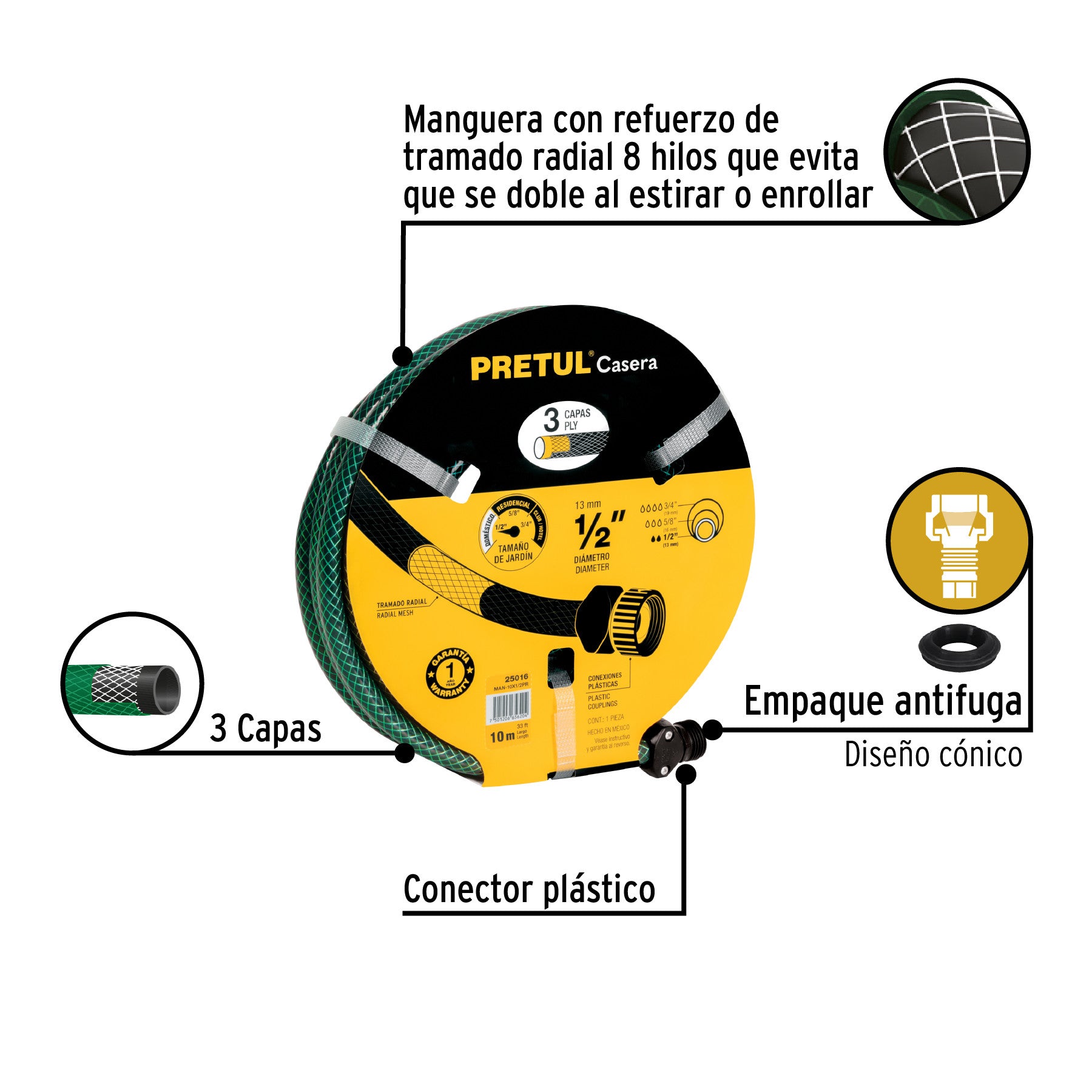 Manguera 1/2' reforzada 3 capas 10m conexiones plást, Pretul 1/2', 10m