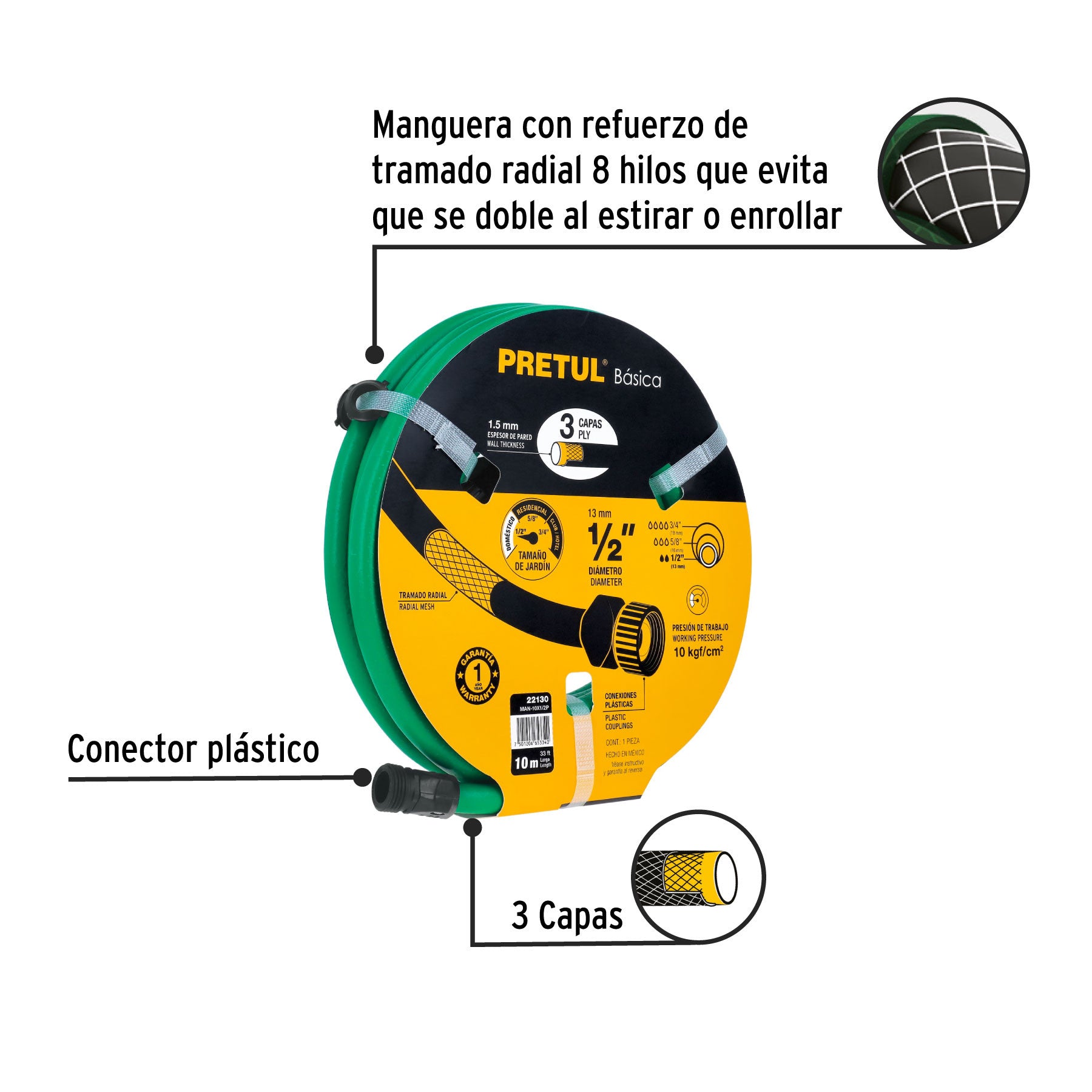 Manguera verde 1/2' 3 capas 10m conexiones plásticas, PRETUL 1/2', 10m, verde