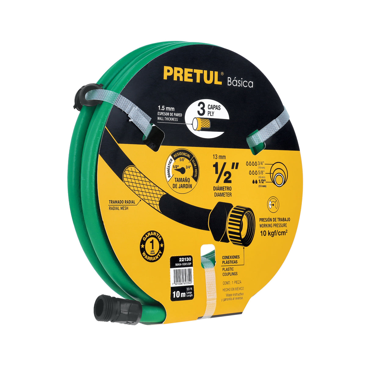 Manguera verde 1/2' 3 capas 10m conexiones plásticas, PRETUL 1/2', 10m, verde