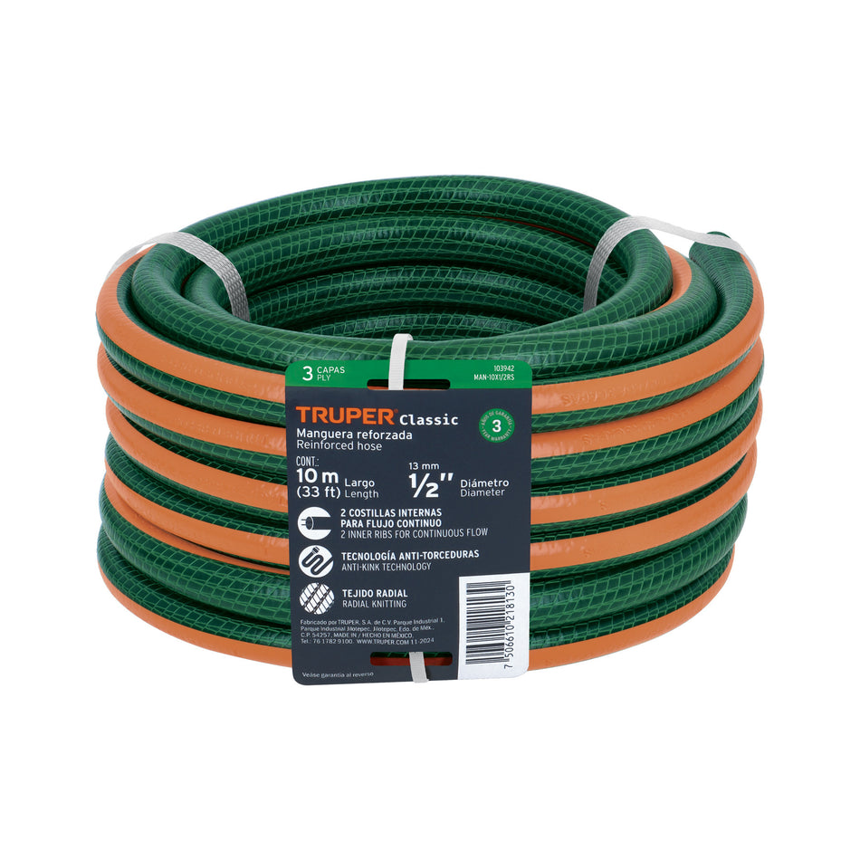 Manguera de jardín 1/2', 3 capas, 10m, sin conexiones TRUPER 1/2', 10m