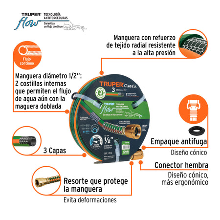 Manguera 1/2' reforzada 3 capas 10 m conexiones de metal 1/2', 10 m