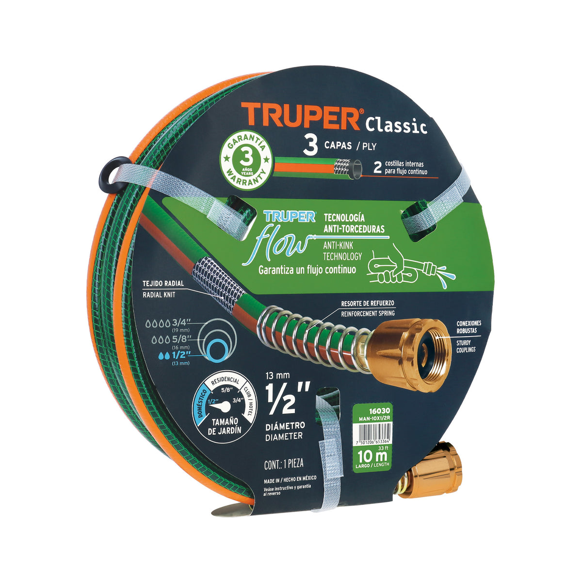 Manguera 1/2' reforzada 3 capas 10 m conexiones de metal 1/2', 10 m