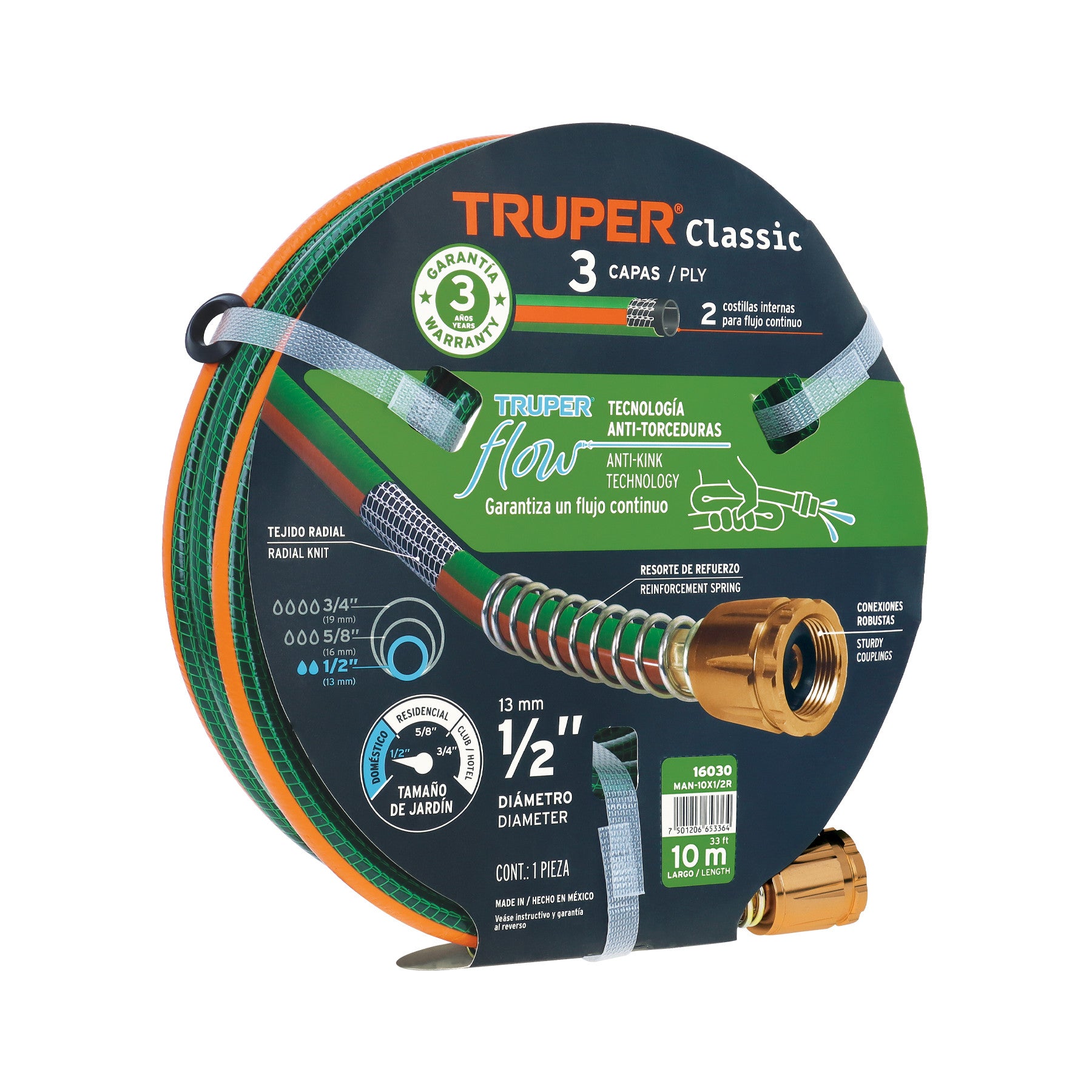 Manguera 1/2' reforzada 3 capas 10 m conexiones de metal 1/2', 10 m