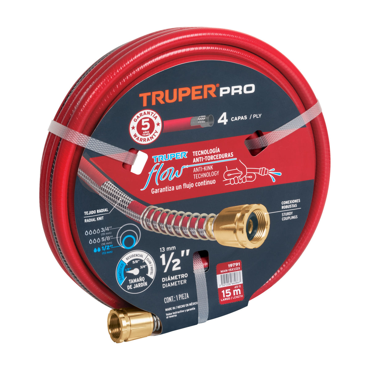 Manguera 1/2' super reforzada 4 capas 15 m conexiones metal 1/2', 15 m