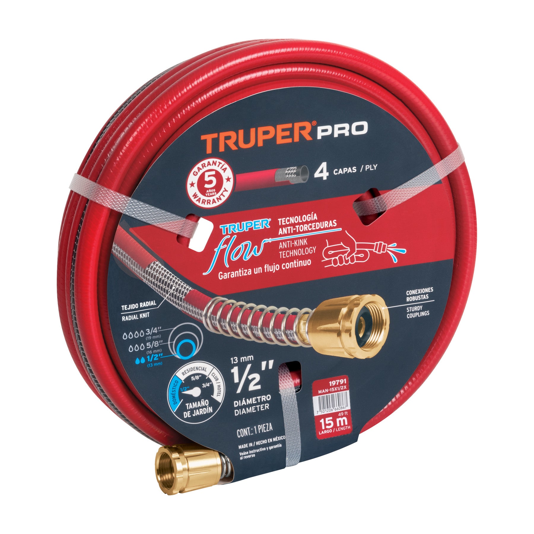 Manguera 1/2' super reforzada 4 capas 15 m conexiones metal 1/2', 15 m