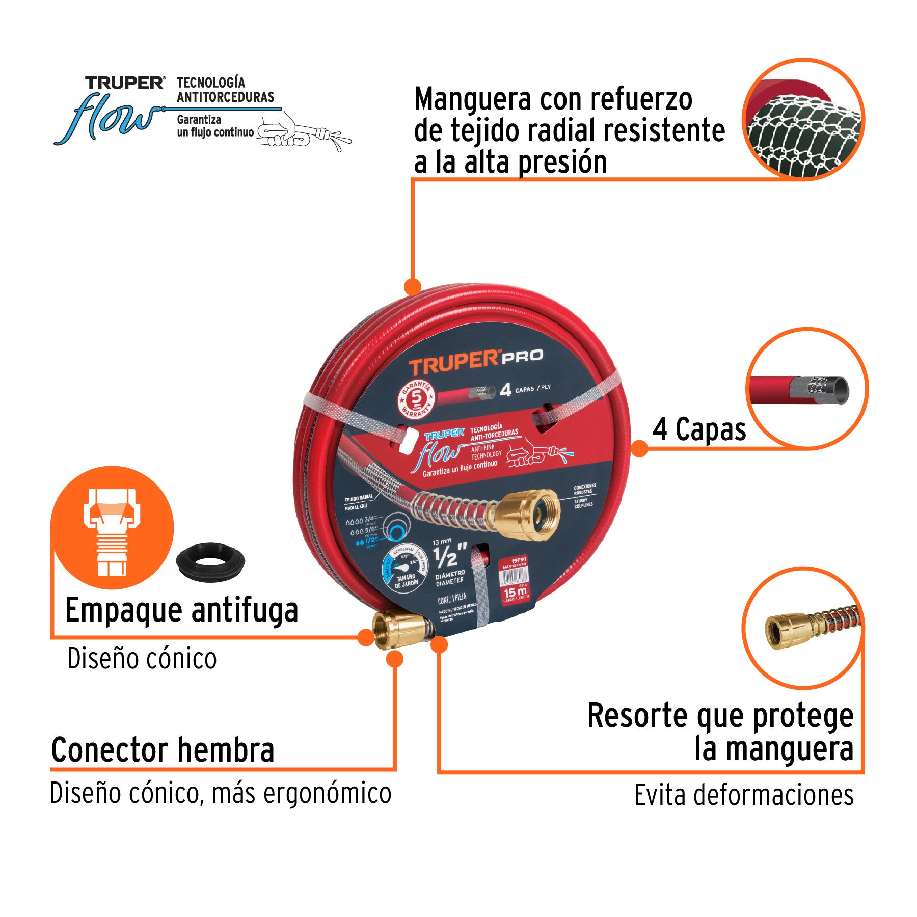 Manguera 1/2' super reforzada 4 capas 15 m conexiones metal 1/2', 15 m