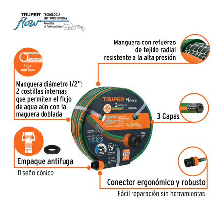 Manguera 1/2" reforzada 3 capas 25 m conexiones plasticas